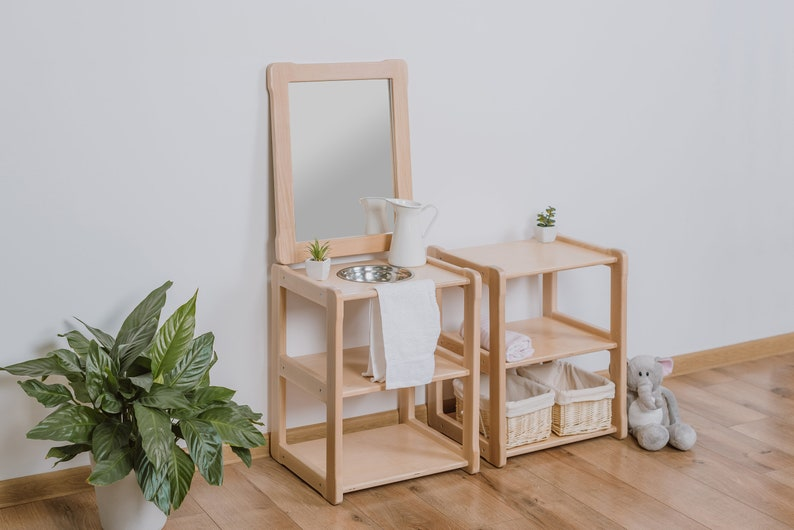 Montessori Wooden Child Washbasin with Mirror