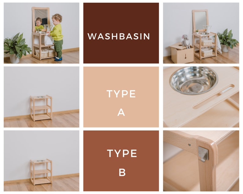 Montessori Wooden Child Washbasin with Mirror