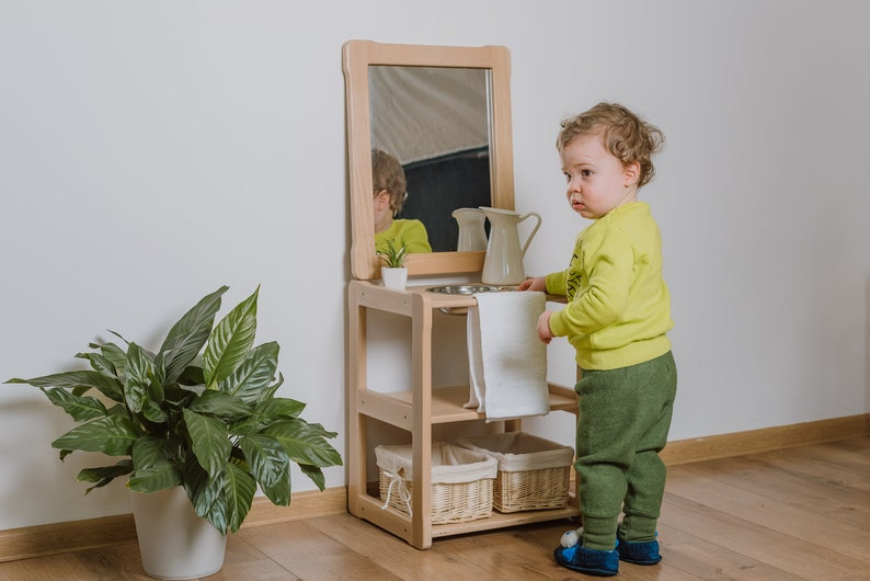 Montessori Washbasin & Storage Shelf Set with Mirror